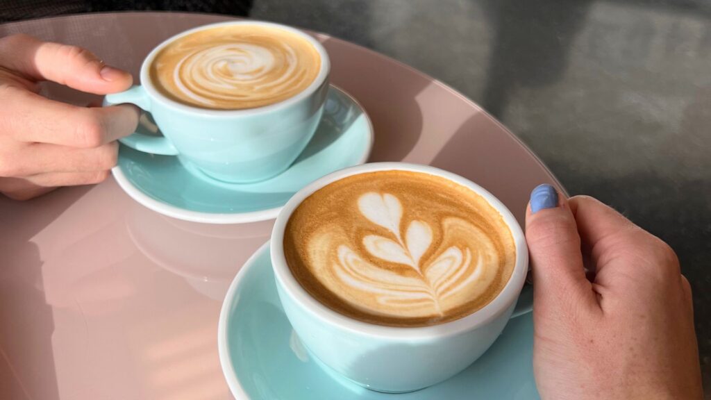 Lattes in Blue Mugs