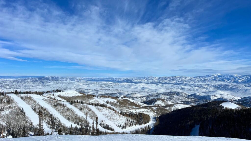 View of snowy ski runs in Park City Utah