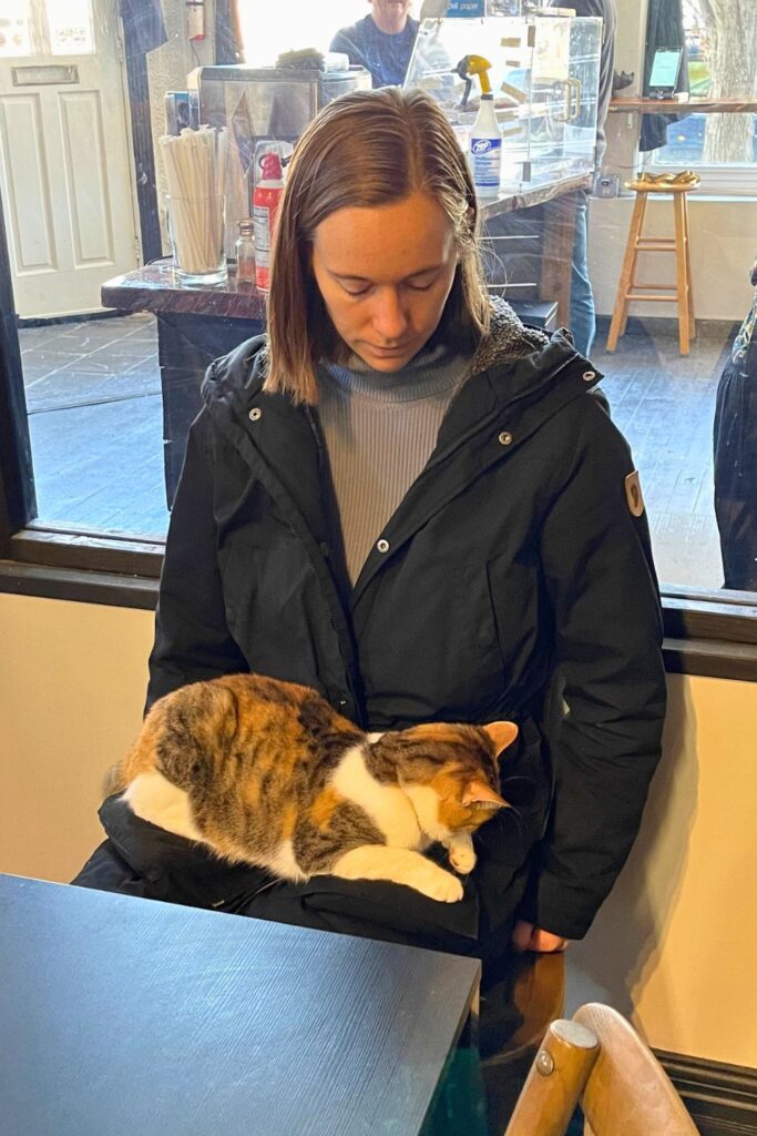 Woman and cat at Chesire Grin Cat cafe in St Louis