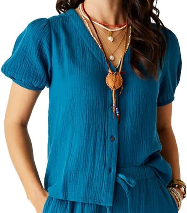 Women's Blue Button Up Short Sleeve shirt