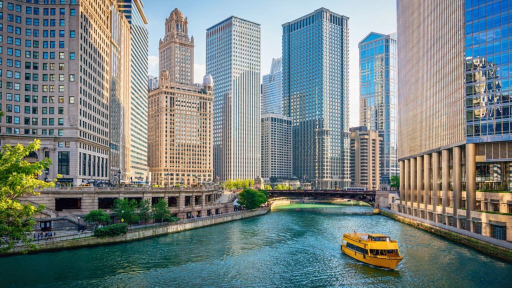 Chicago river and city view