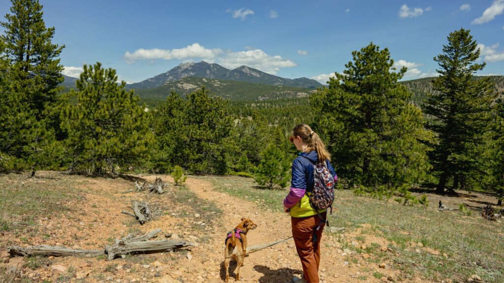 Woman and dog on hiking trail in Colorado