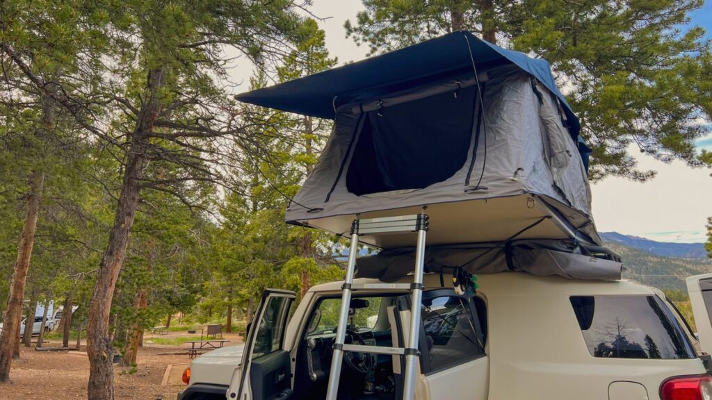 Toyota FJ with rooftop tent camping in Estes Park CO