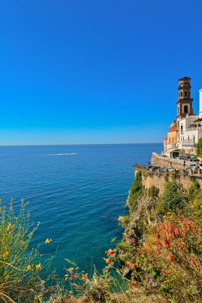 Buildings and Flowers on the ocean Amalfi Coast, Italy