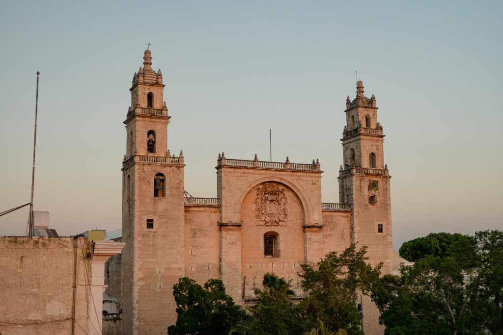 Plaza Grande Cathedral from Picheta, golden Merida Mexico