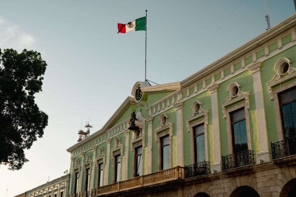 Plaza Grande Government Building with flag Merida Mexico