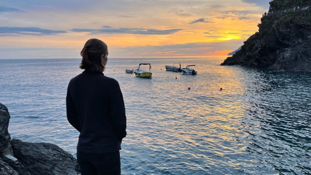 Sunset over the sea in Manarola Cinque Terre Italy