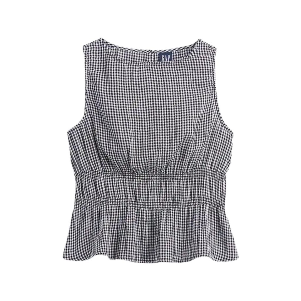 Gingham Cotton Gauze Smocked-Waist Peplum Top