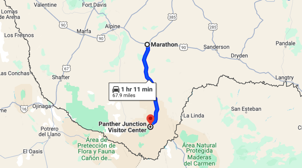 Map of Marathon TX to Big Bend NP