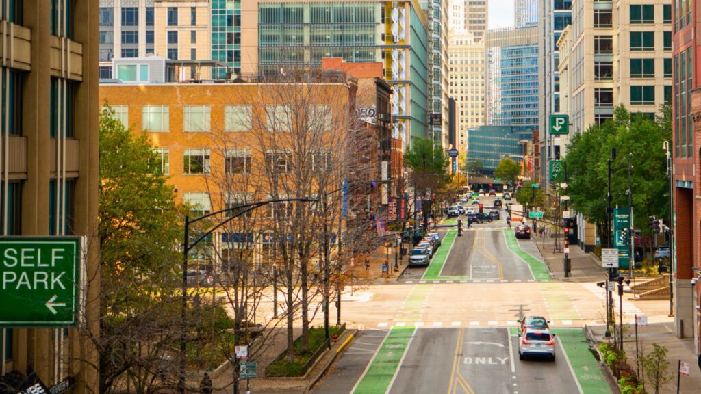 Looking down an avenue in Downtown Chicago
