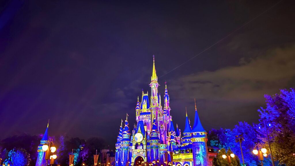 Magic Kingdom Castle lit up at night