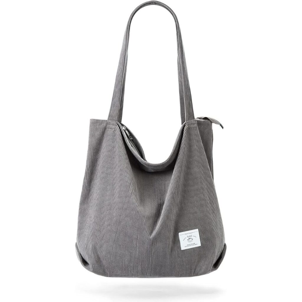 Corduroy Tote Bag Zipper - Casual Tote Handbag with Pockets