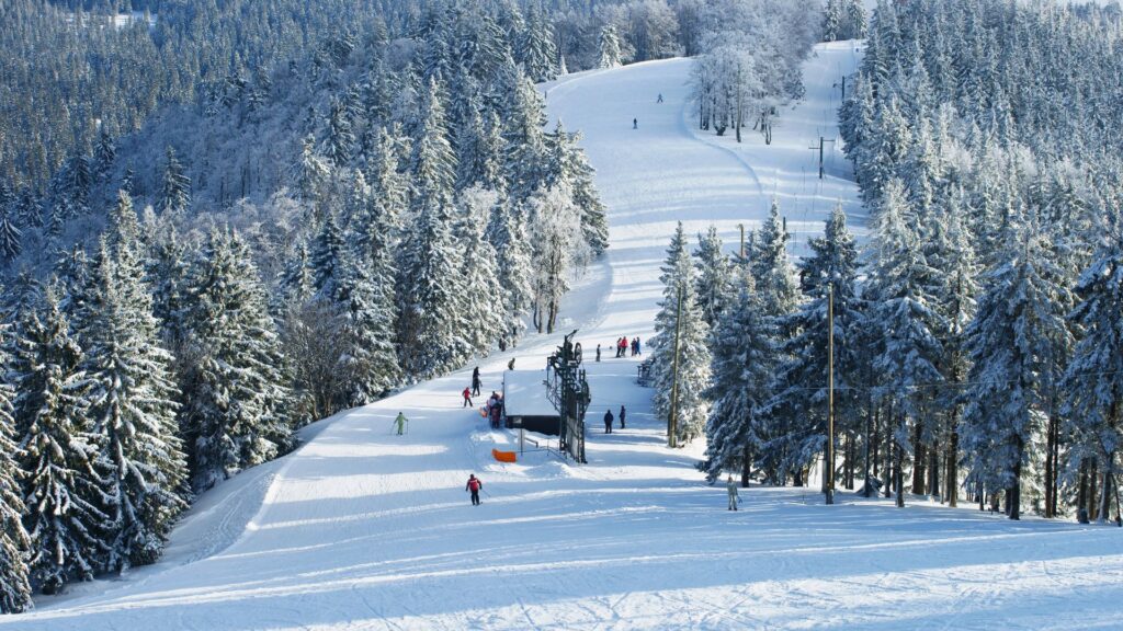 Skiers on a ski run on a mountain