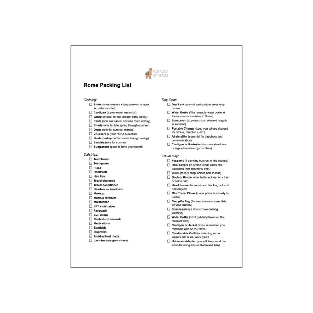 Rome Packing List Pinterest PDF Preview